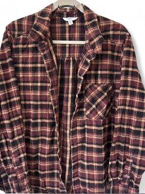 Time and Tru Burgundy, Black, and Cream Plaid Flannel Shirt